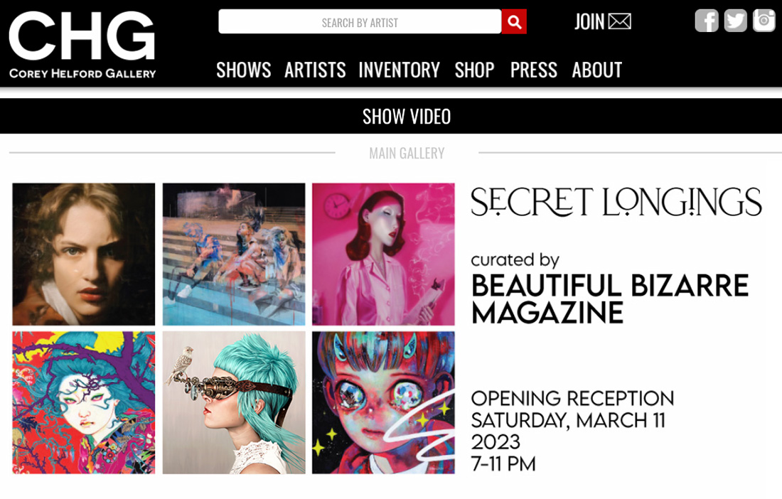 Lix North's painting Rara Avis featured on the Corey Helford Gallery homepage for the 'Secret Longings' exhibition, 2023.